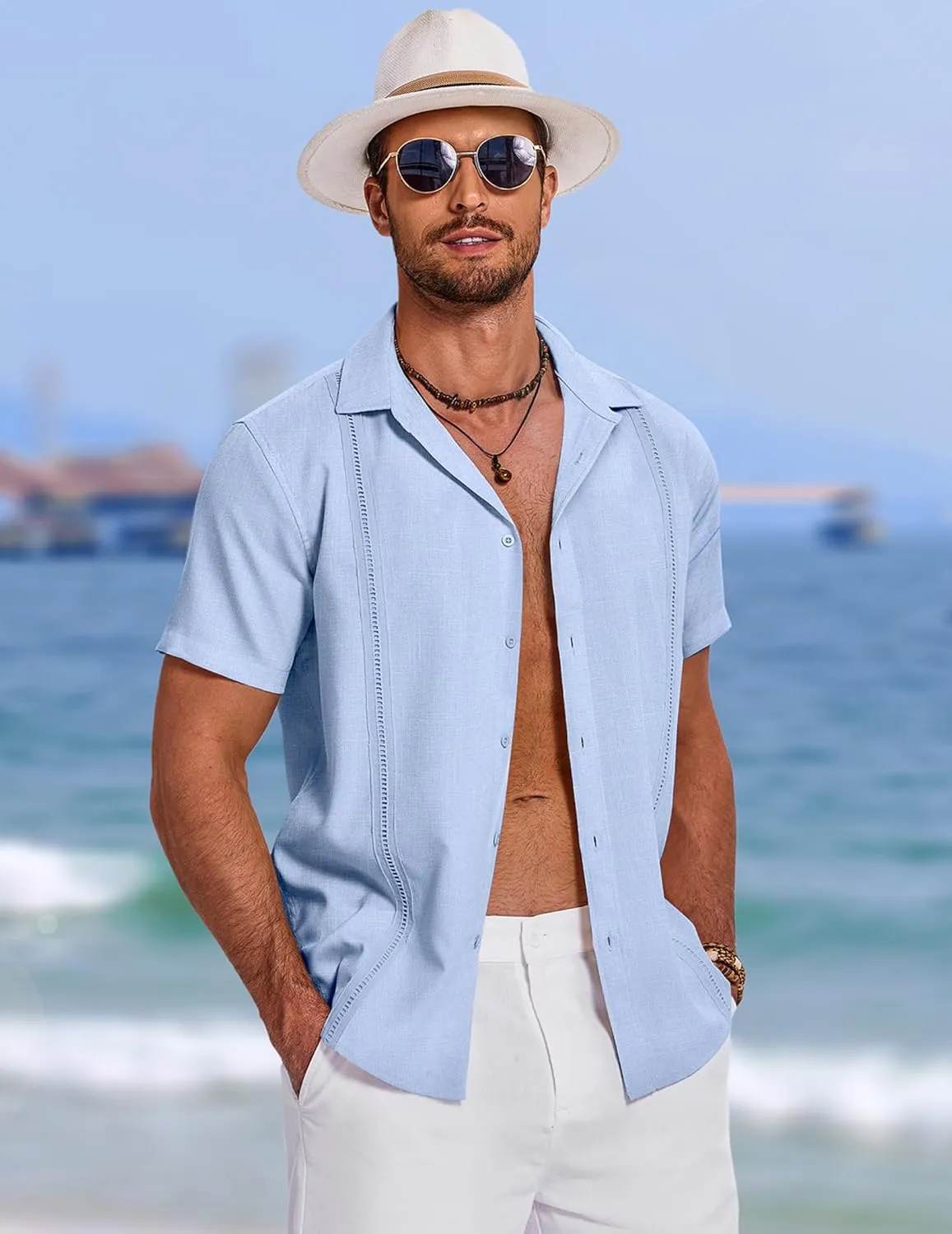 COOFANDY Men's Cuban Guayabera Summer Beach Short Sleeve Casual Vacation Wedding Shirt