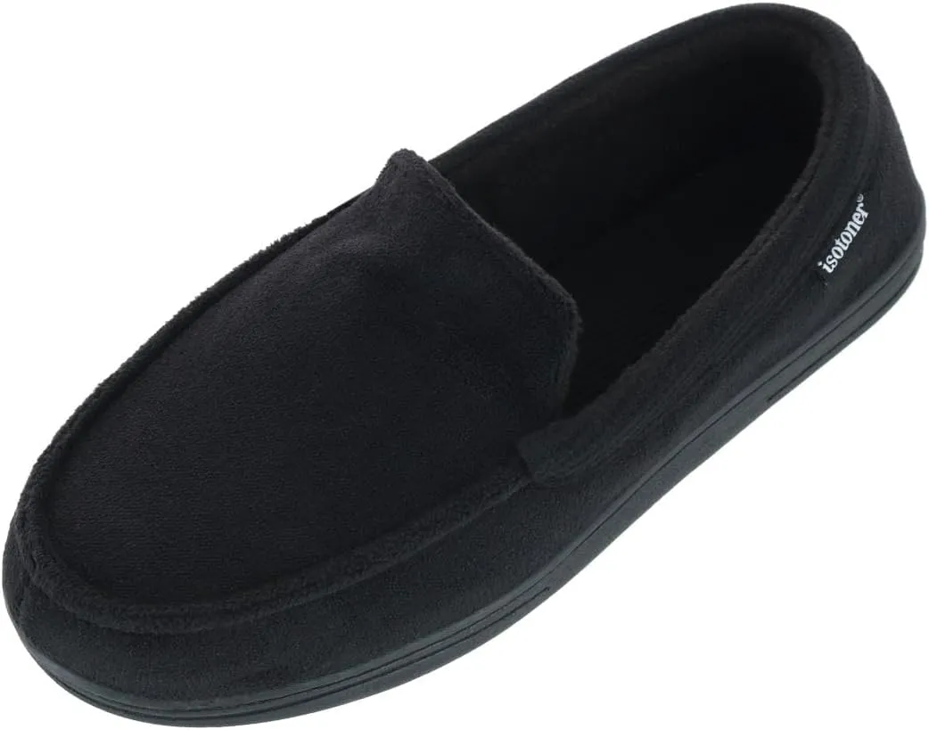 isotoner Men's Microterry and Waffle Travis Moccasin Slippers With Memory Foam Insole and Durable Rubber Outsole