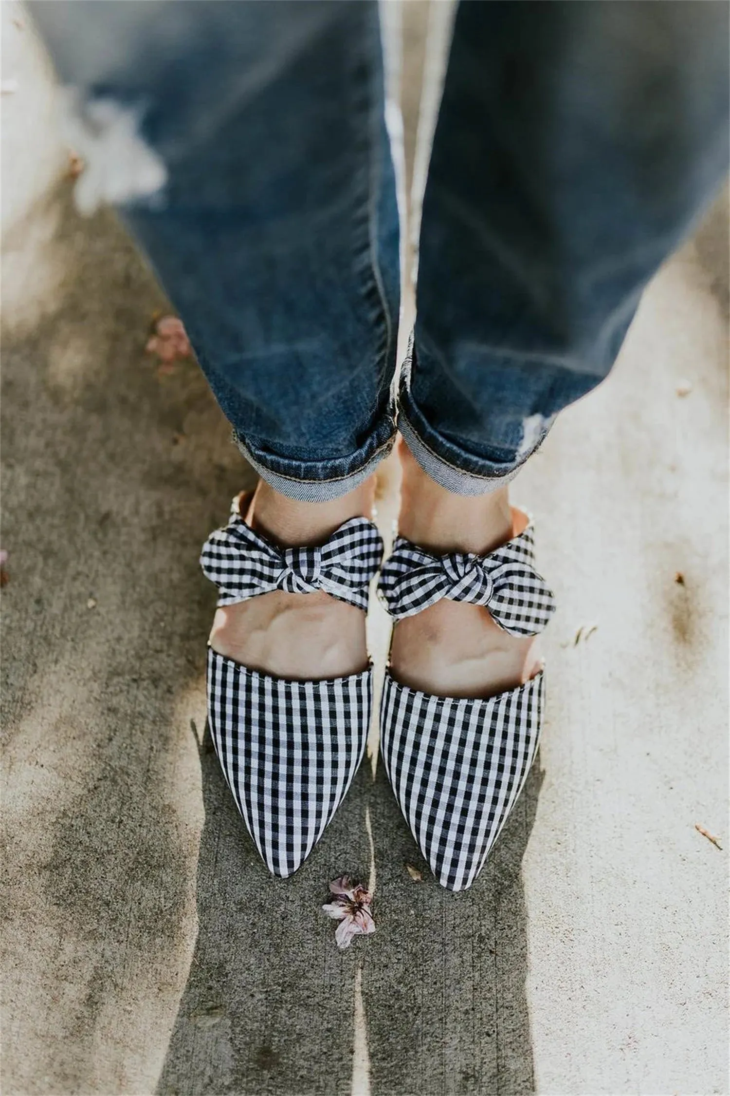 TAVIMART  -  Pointed Toe Slip On Block Heel Bow Knot Mule Flats Faux Suede Slipper Slingback Elegant Sandals Woman Shoes