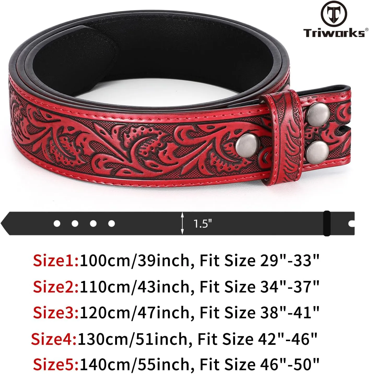 Western Belt Strap for Men without Buckle 1.5" Wide Floral Engraved Embossed Leather Belt Strap