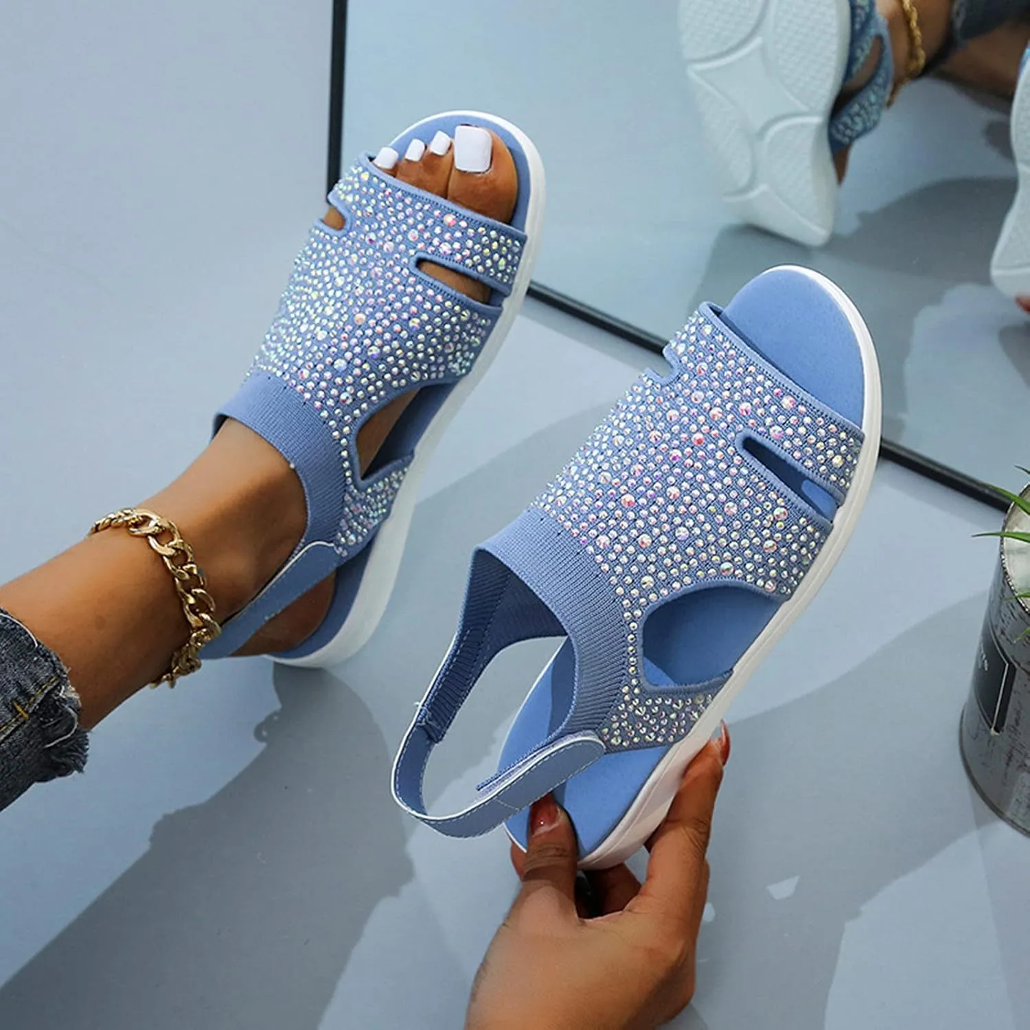 Women's Platform Sandals Open Toe Slip On Sandals Ankle Strap Slingbak Low Wedges Rhinestone Hollow Out Dress Shoes