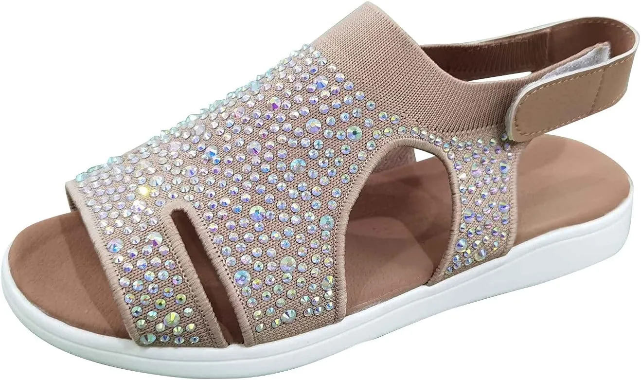 Women's Platform Sandals Open Toe Slip On Sandals Ankle Strap Slingbak Low Wedges Rhinestone Hollow Out Dress Shoes