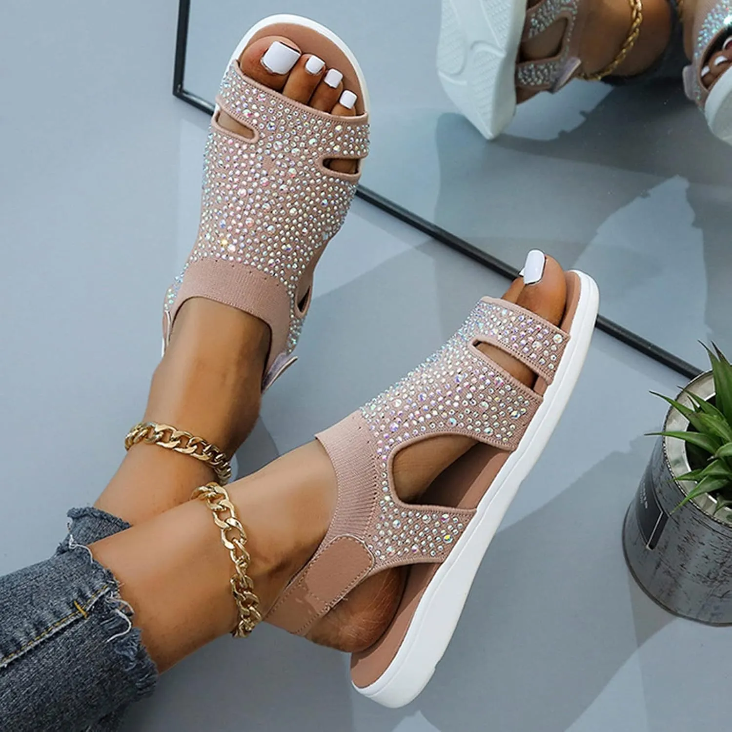 Women's Platform Sandals Open Toe Slip On Sandals Ankle Strap Slingbak Low Wedges Rhinestone Hollow Out Dress Shoes