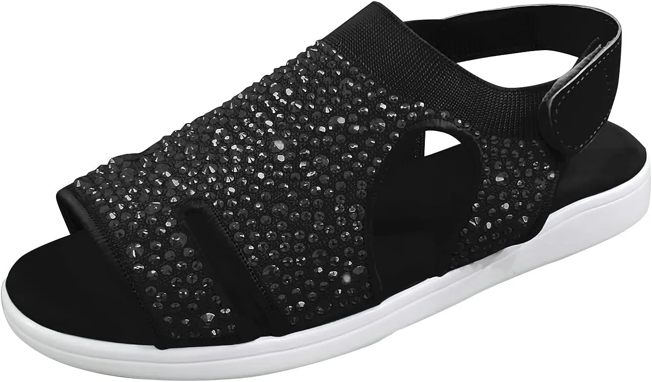 Women's Platform Sandals Open Toe Slip On Sandals Ankle Strap Slingbak Low Wedges Rhinestone Hollow Out Dress Shoes
