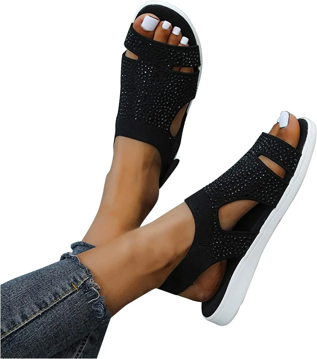 Women's Platform Sandals Open Toe Slip On Sandals Ankle Strap Slingbak Low Wedges Rhinestone Hollow Out Dress Shoes