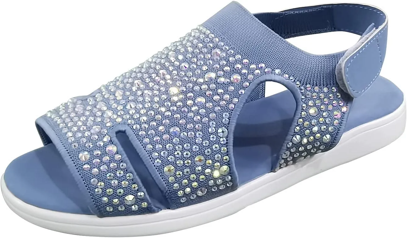 Women's Platform Sandals Open Toe Slip On Sandals Ankle Strap Slingbak Low Wedges Rhinestone Hollow Out Dress Shoes