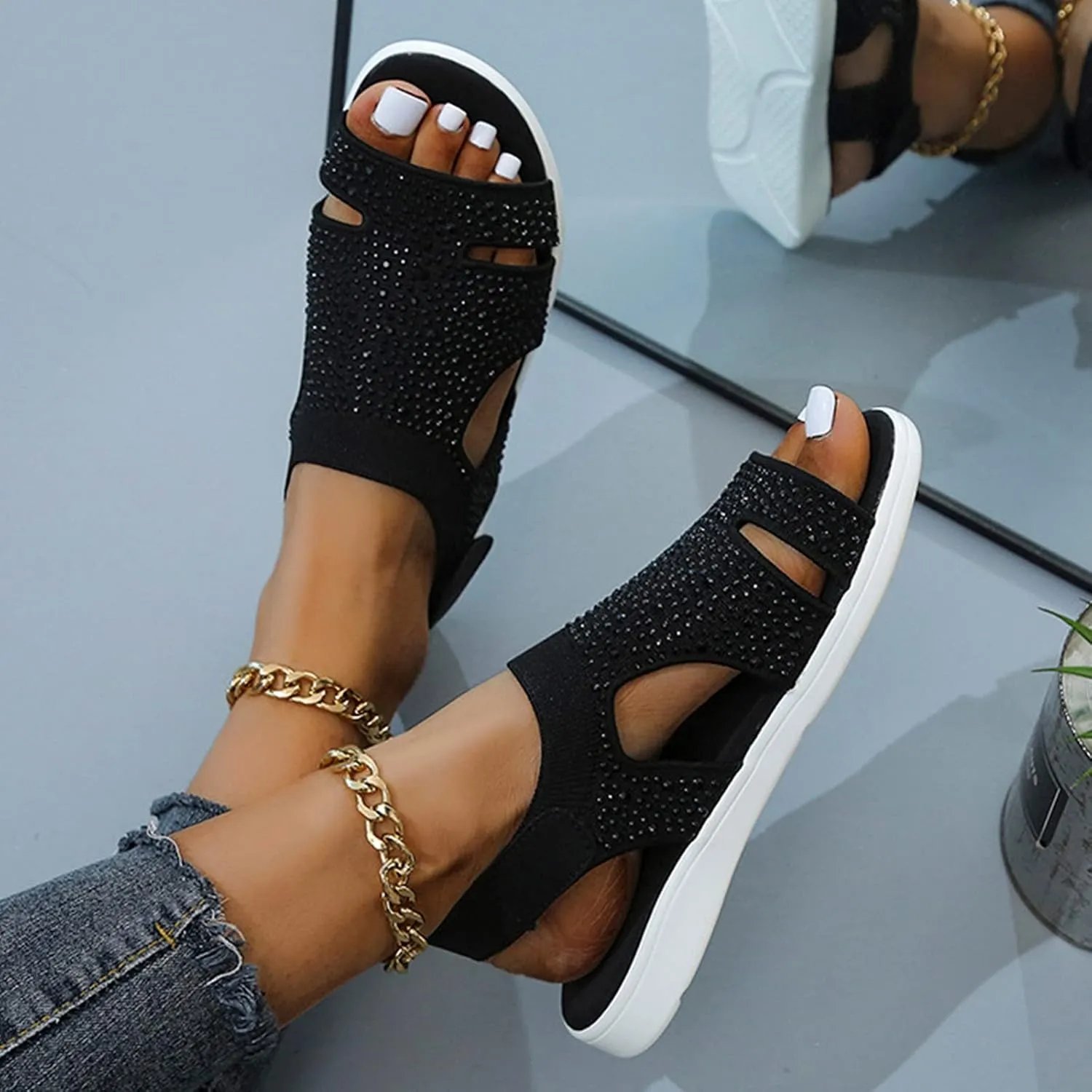 Women's Platform Sandals Open Toe Slip On Sandals Ankle Strap Slingbak Low Wedges Rhinestone Hollow Out Dress Shoes