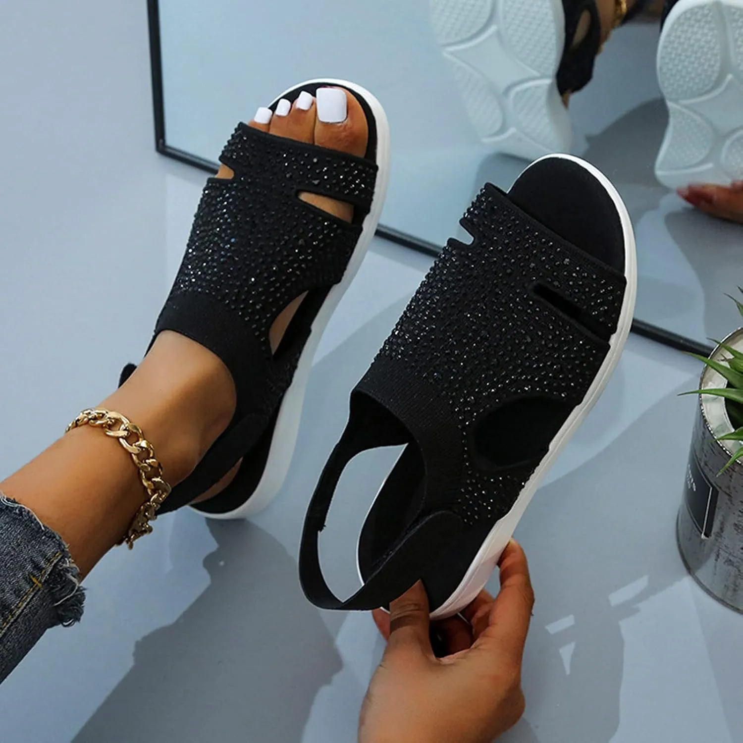 Women's Platform Sandals Open Toe Slip On Sandals Ankle Strap Slingbak Low Wedges Rhinestone Hollow Out Dress Shoes