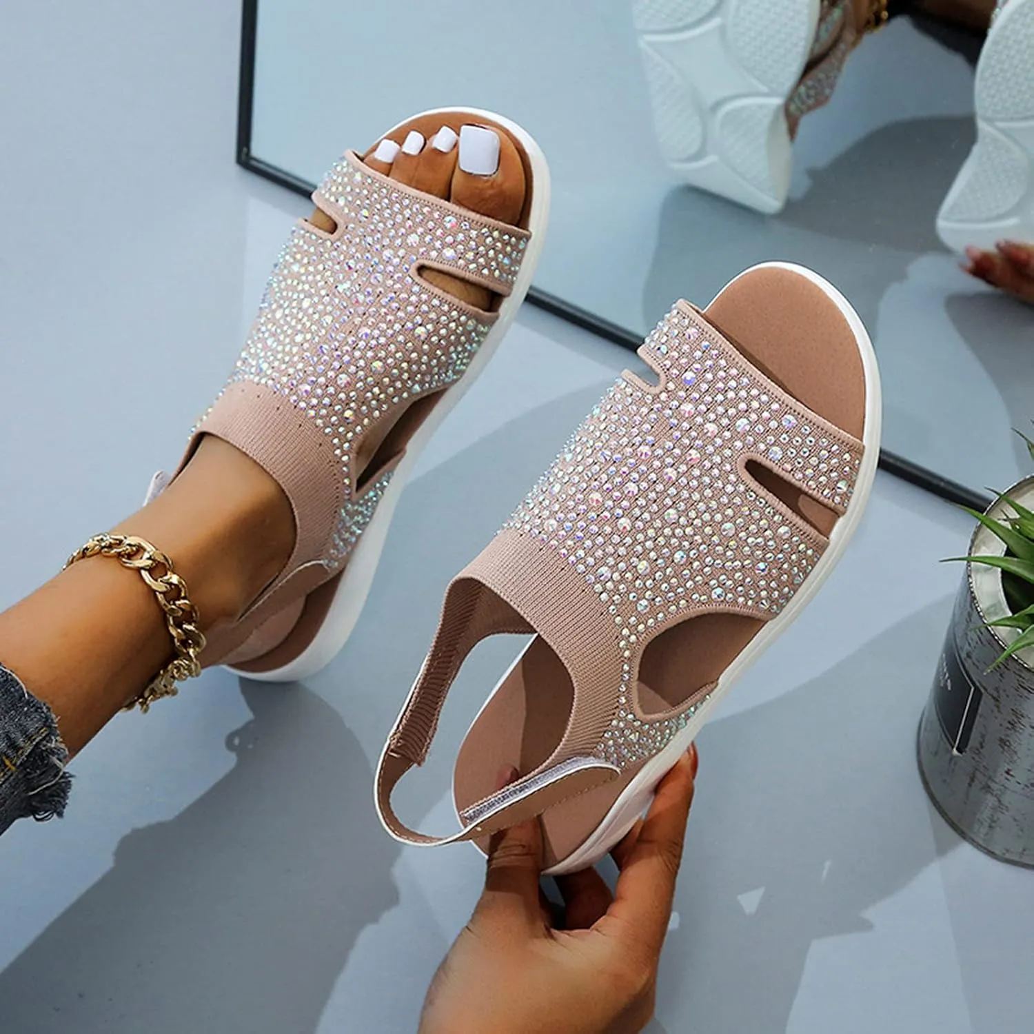 Women's Platform Sandals Open Toe Slip On Sandals Ankle Strap Slingbak Low Wedges Rhinestone Hollow Out Dress Shoes